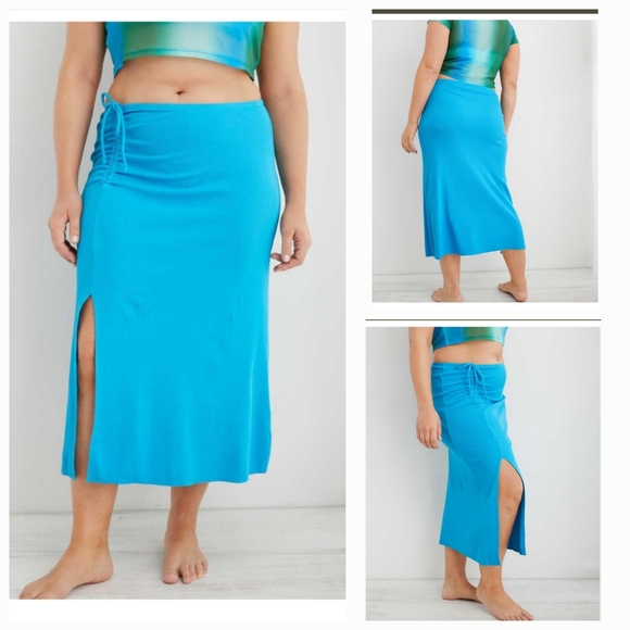 NWT Aerie Womens Beachwalk Midi Skirt Ruched Ribbed Front Slit Blue Size S - Picture 2 of 6